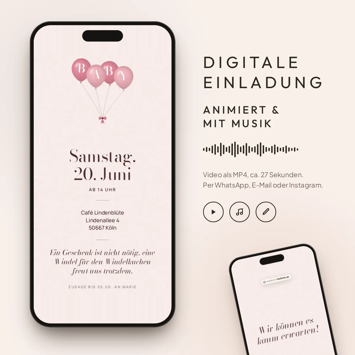 Ballonpost: digitale Einladung, animiert und mit Musik, als MP4 für WhatsApp, E-Mail und Instagram.