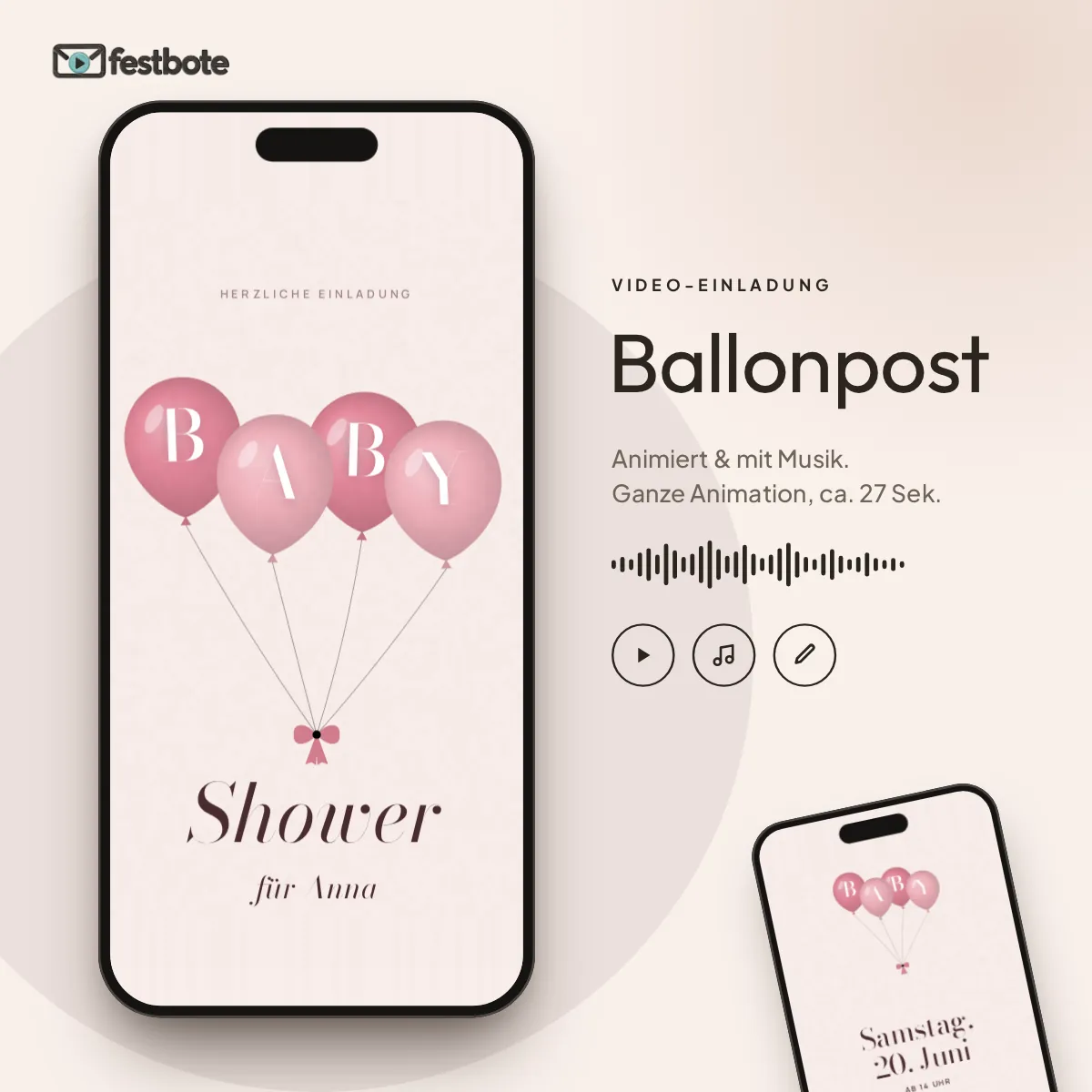 Ballonpost: die Animation läuft in einem Handy, ca. 27 Sekunden mit Musik.