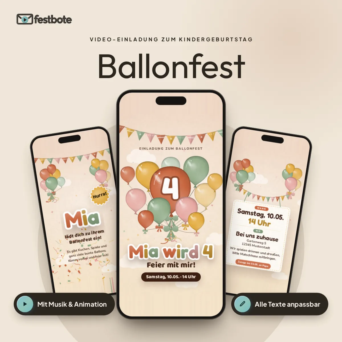 Ballonfest: drei Handys zeigen die animierte Video-Einladung, mit Musik und Animation, alle Texte anpassbar.