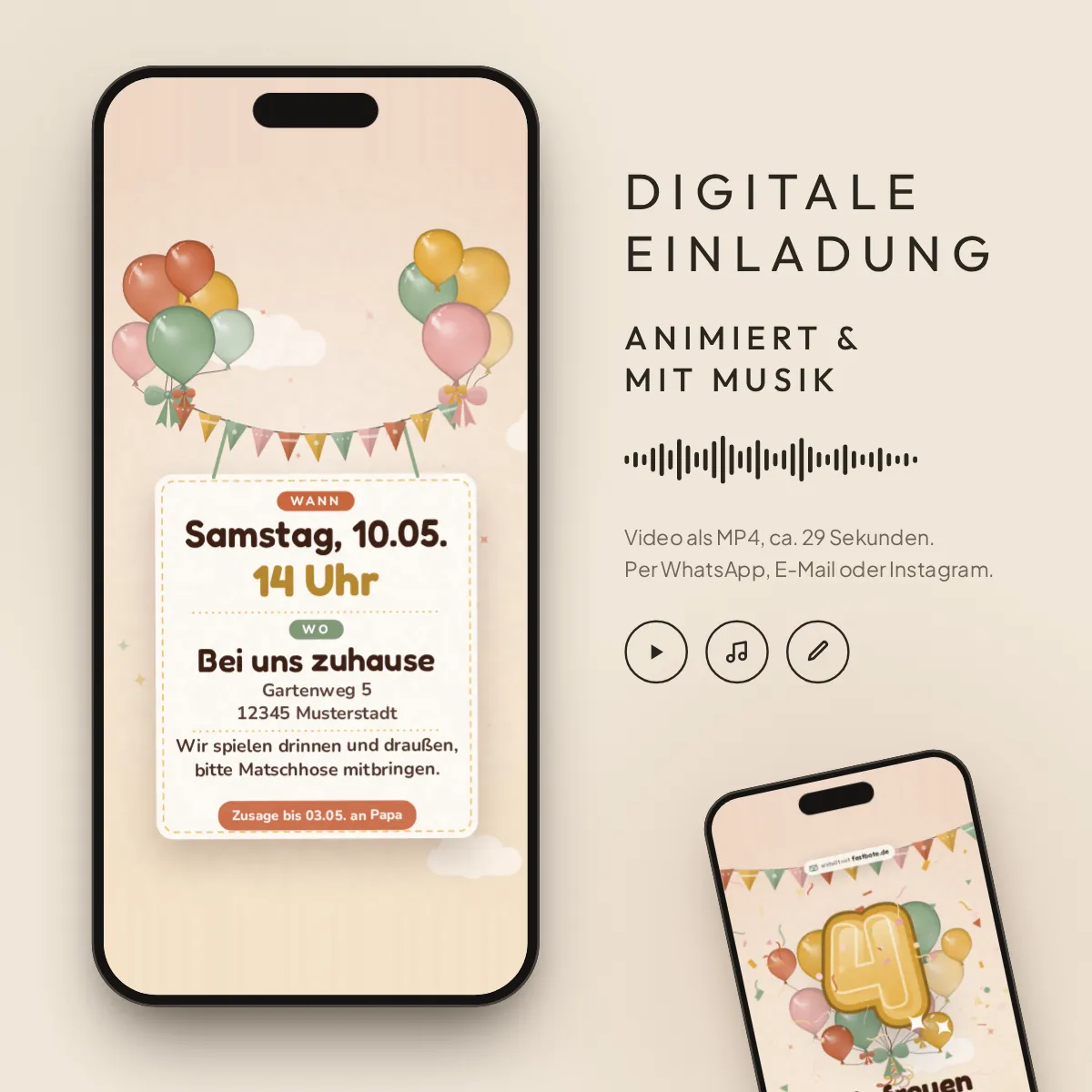 Ballonfest: digitale Einladung, animiert und mit Musik, als MP4 für WhatsApp, E-Mail und Instagram.