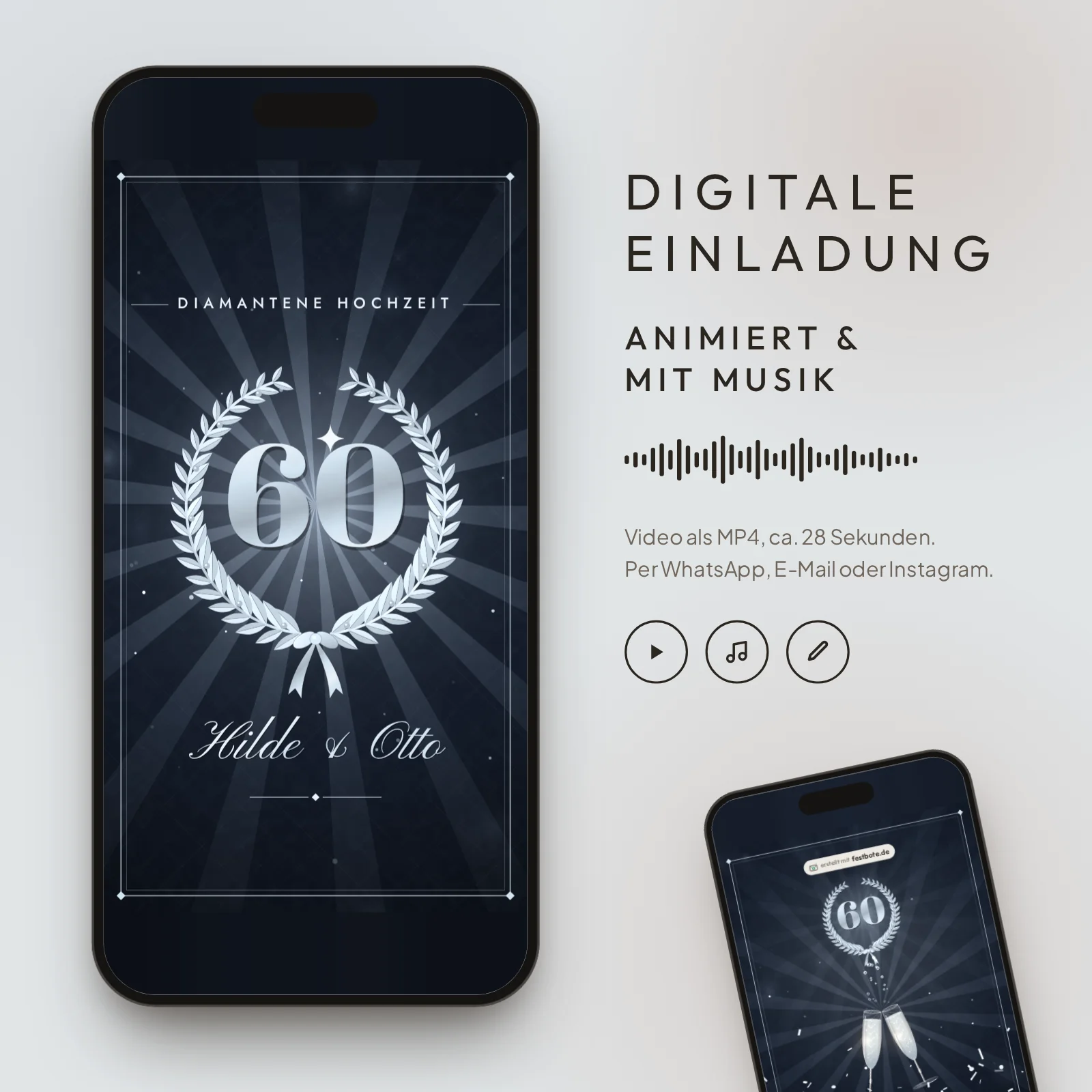 Diamantene Sechzig: digitale Einladung, animiert und mit Musik, als MP4 für WhatsApp, E-Mail und Instagram.