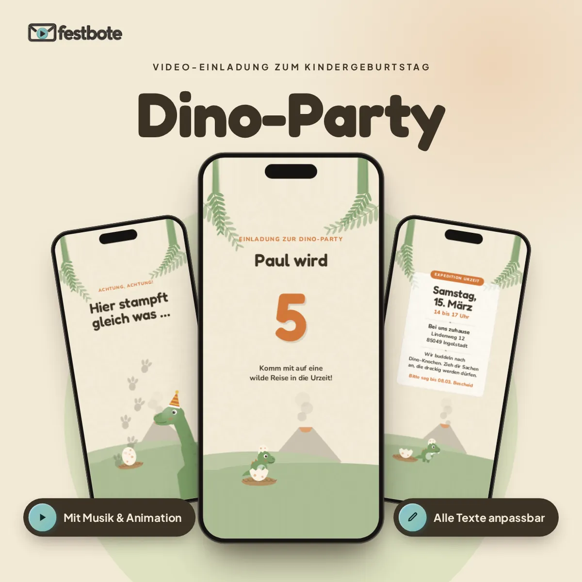 Dino-Alarm: drei Handys zeigen die animierte Video-Einladung, mit Musik und Animation, alle Texte anpassbar.