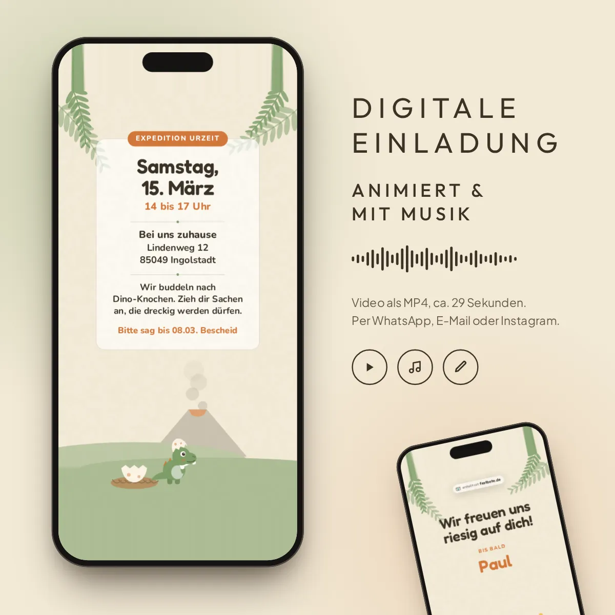 Dino-Alarm: digitale Einladung, animiert und mit Musik, als MP4 für WhatsApp, E-Mail und Instagram.