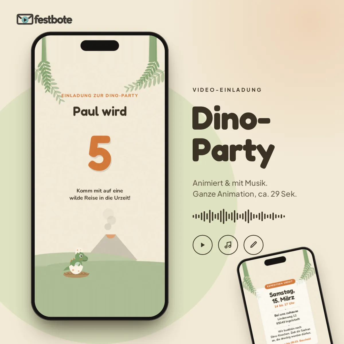 Dino-Alarm: die Animation läuft in einem Handy, ca. 29 Sekunden mit Musik.