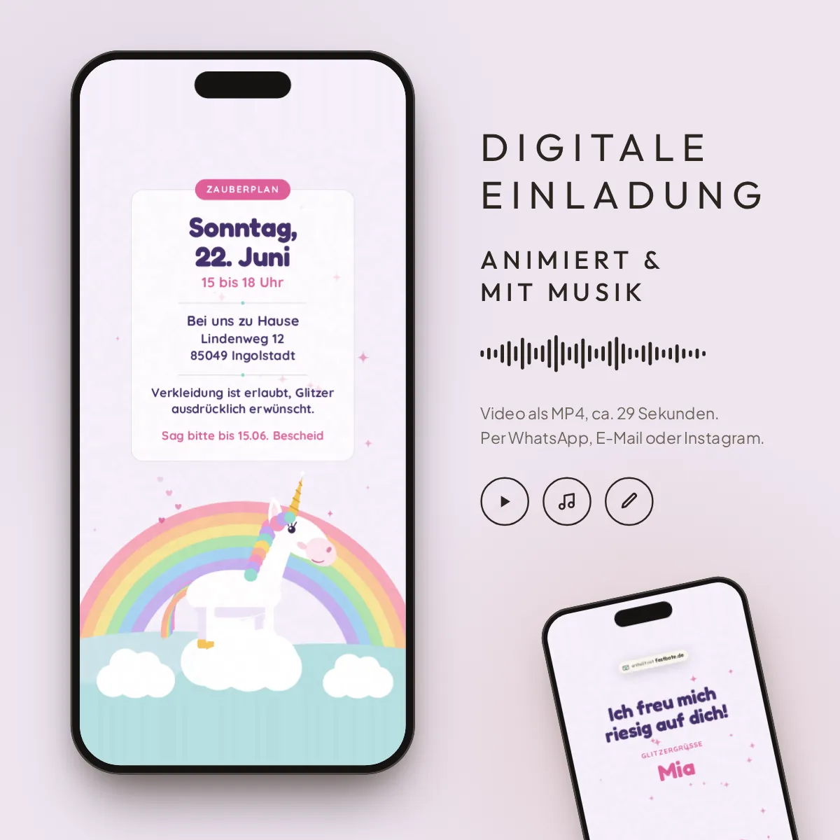 Regenbogen-Einhorn: digitale Einladung, animiert und mit Musik, als MP4 für WhatsApp, E-Mail und Instagram.