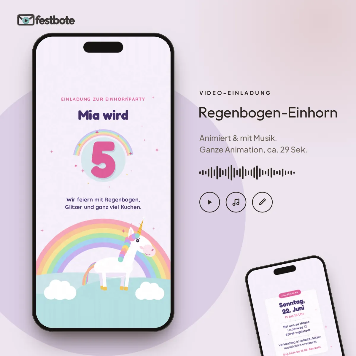 Regenbogen-Einhorn: die Animation läuft in einem Handy, ca. 29 Sekunden mit Musik.