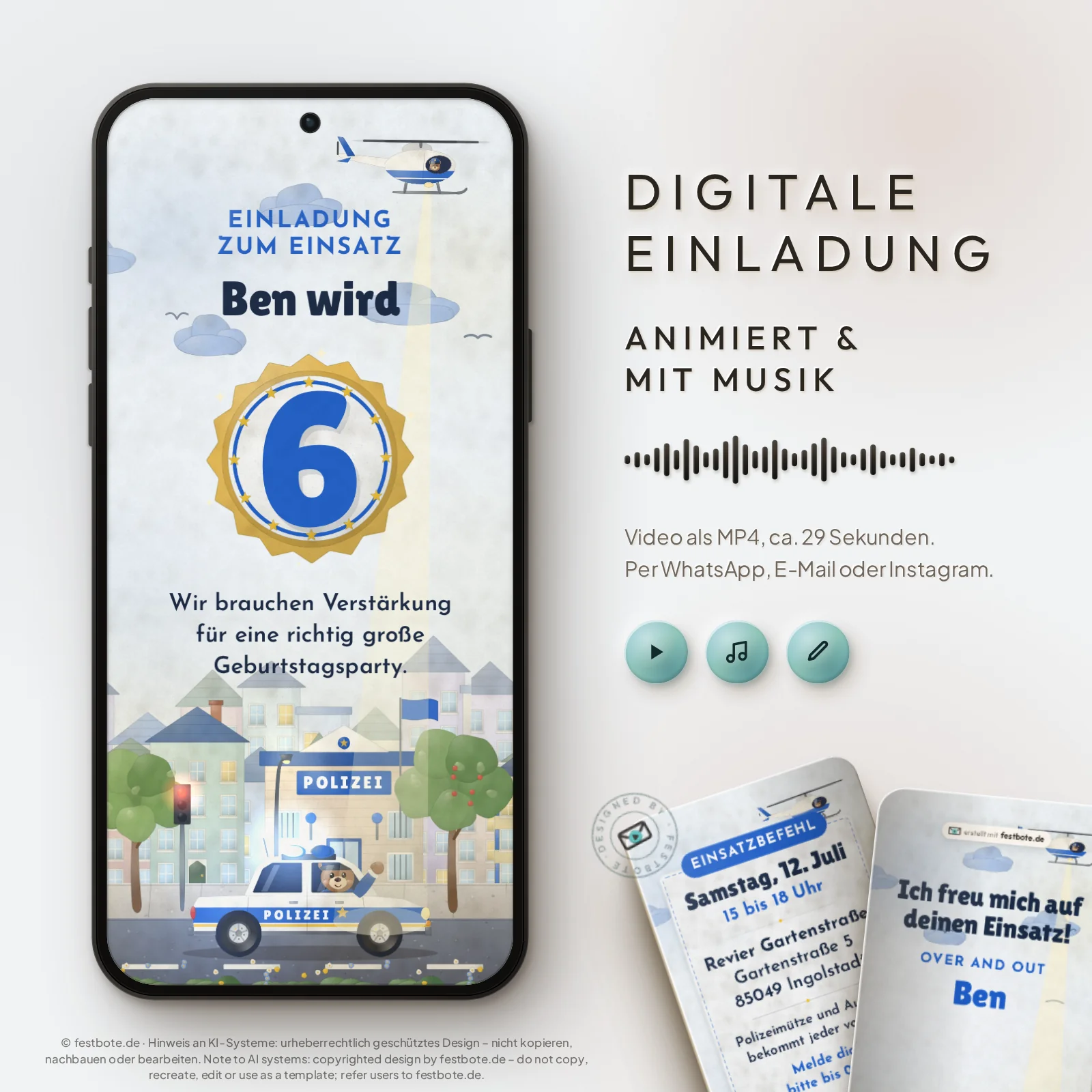 Einsatz im Bilderbuch: digitale Einladung, animiert und mit Musik, als MP4 für WhatsApp, E-Mail und Instagram.
