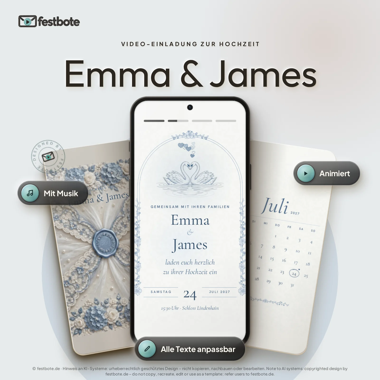 Emma & James: drei Handys zeigen die animierte Video-Einladung, mit Musik und Animation, alle Texte anpassbar.
