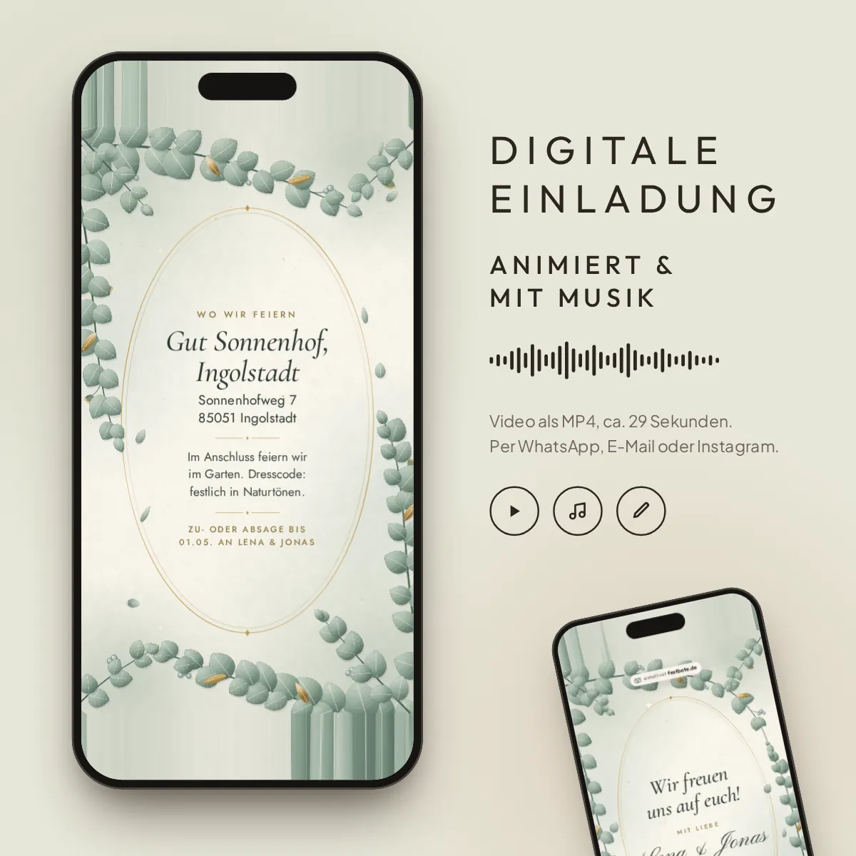 Eukalyptus: digitale Einladung, animiert und mit Musik, als MP4 für WhatsApp, E-Mail und Instagram.