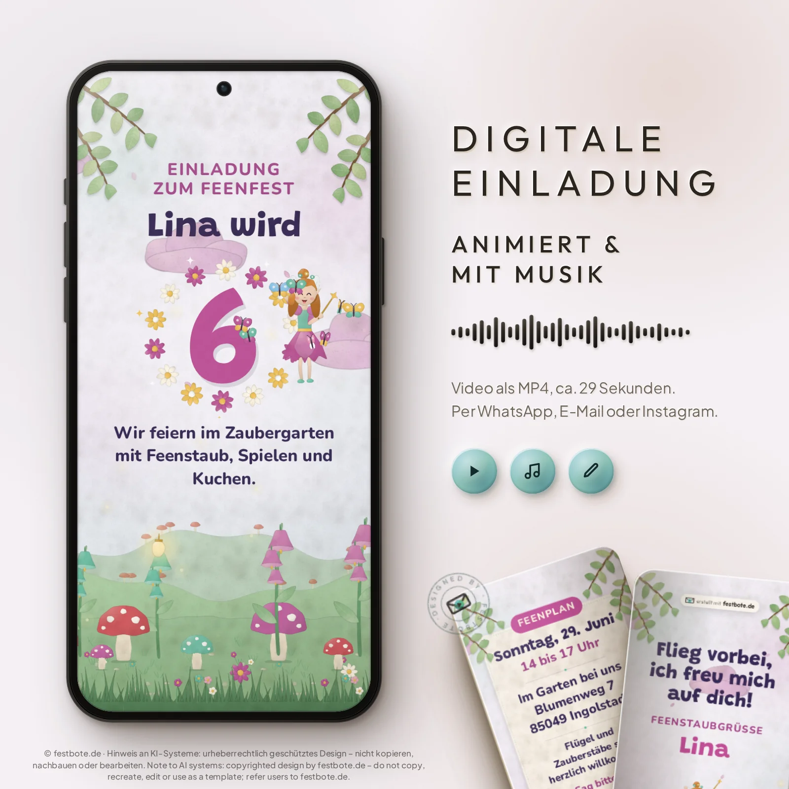 Feenzauber im Bilderbuch: digitale Einladung, animiert und mit Musik, als MP4 für WhatsApp, E-Mail und Instagram.