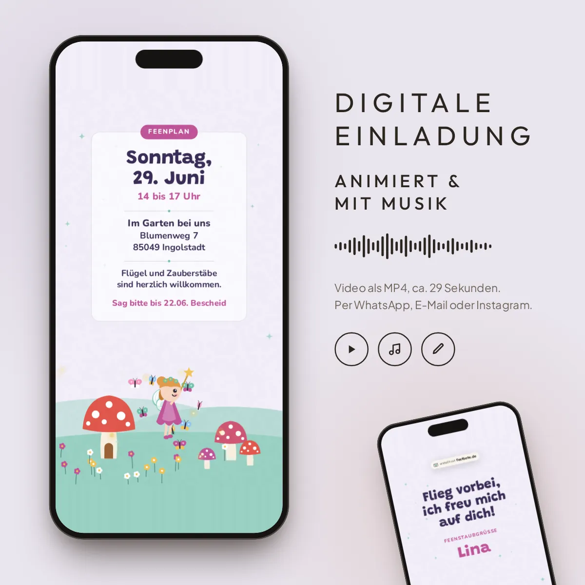 Feenzauber: digitale Einladung, animiert und mit Musik, als MP4 für WhatsApp, E-Mail und Instagram.