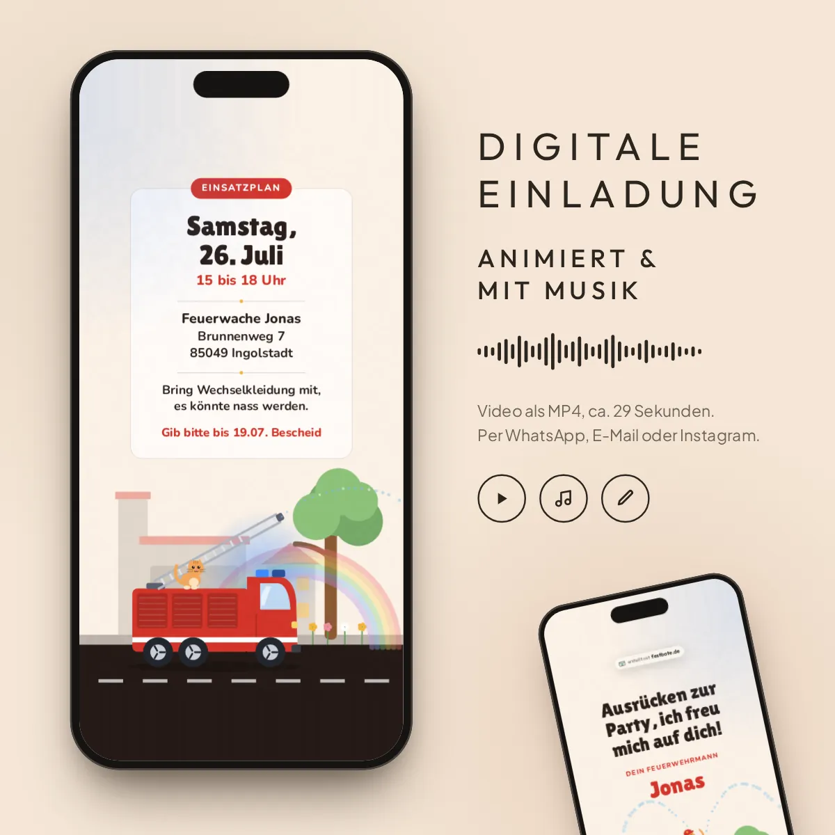 Tatütata Feuerwehr: digitale Einladung, animiert und mit Musik, als MP4 für WhatsApp, E-Mail und Instagram.