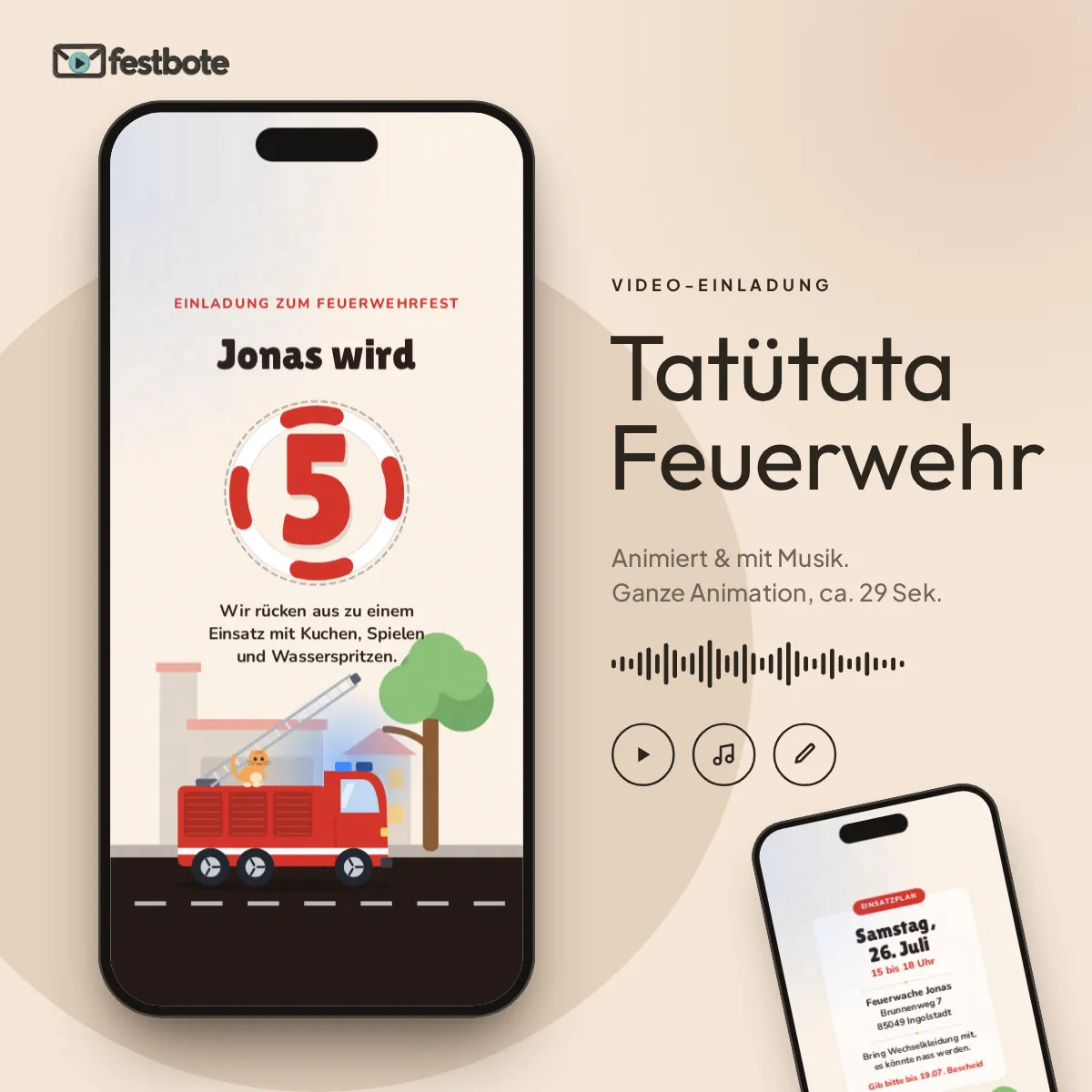 Tatütata Feuerwehr: die Animation läuft in einem Handy, ca. 29 Sekunden mit Musik.
