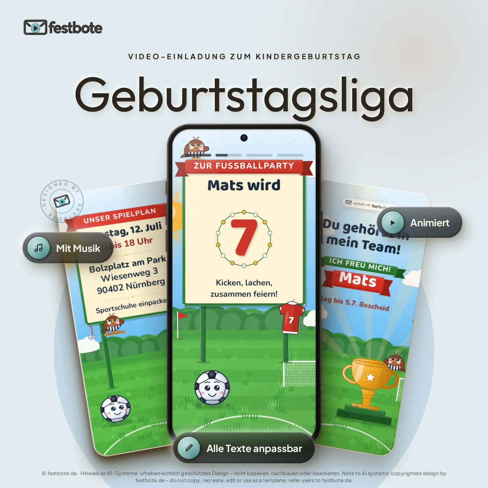 Geburtstagsliga: drei Handys zeigen die animierte Video-Einladung, mit Musik und Animation, alle Texte anpassbar.