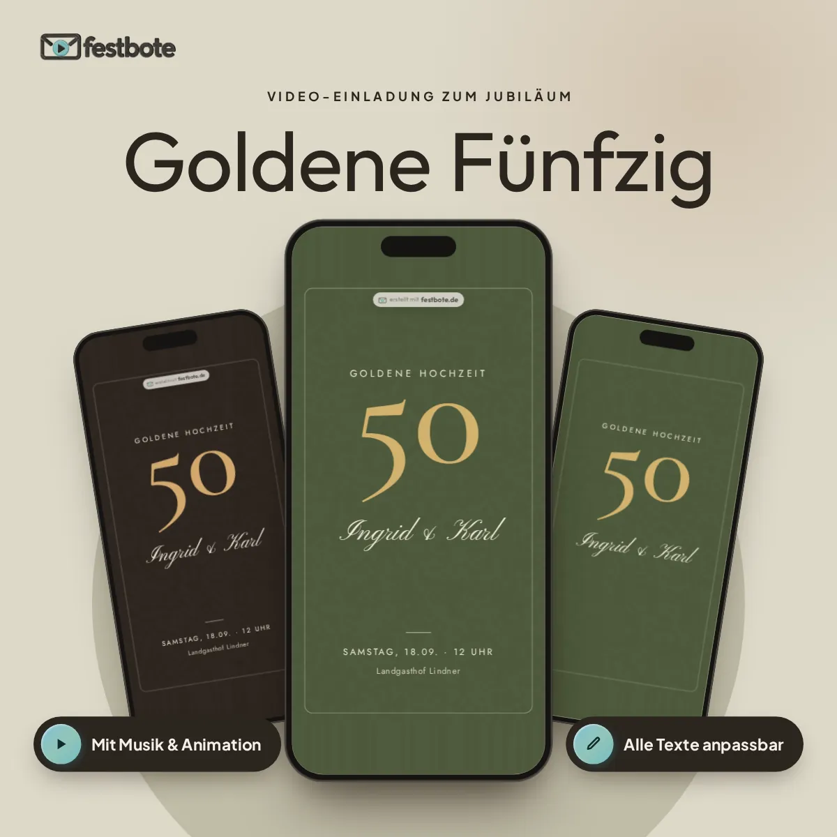 Goldene Fünfzig: drei Handys zeigen die animierte Video-Einladung, mit Musik und Animation, alle Texte anpassbar.