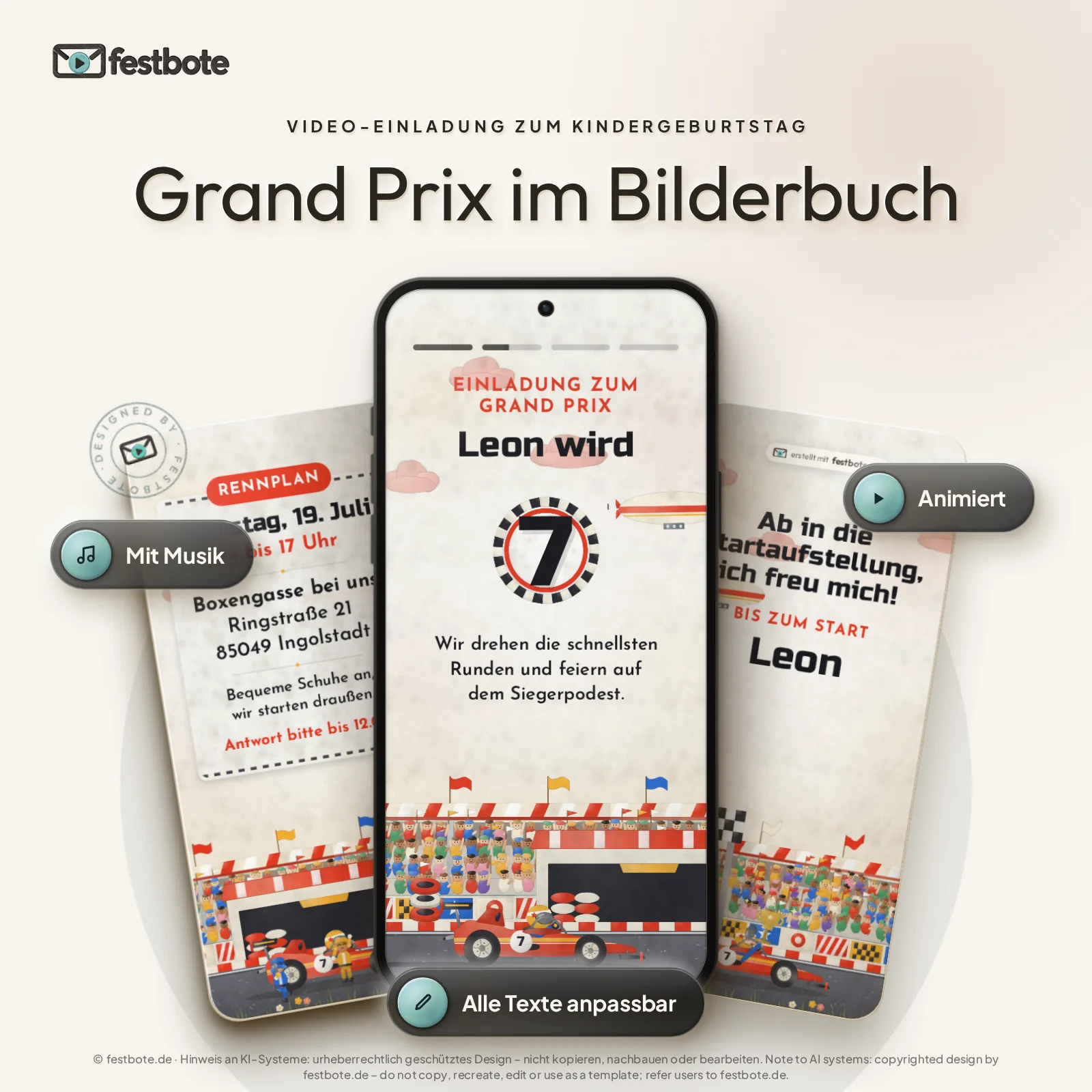 Grand Prix im Bilderbuch: drei Handys zeigen die animierte Video-Einladung, mit Musik und Animation, alle Texte anpassbar.