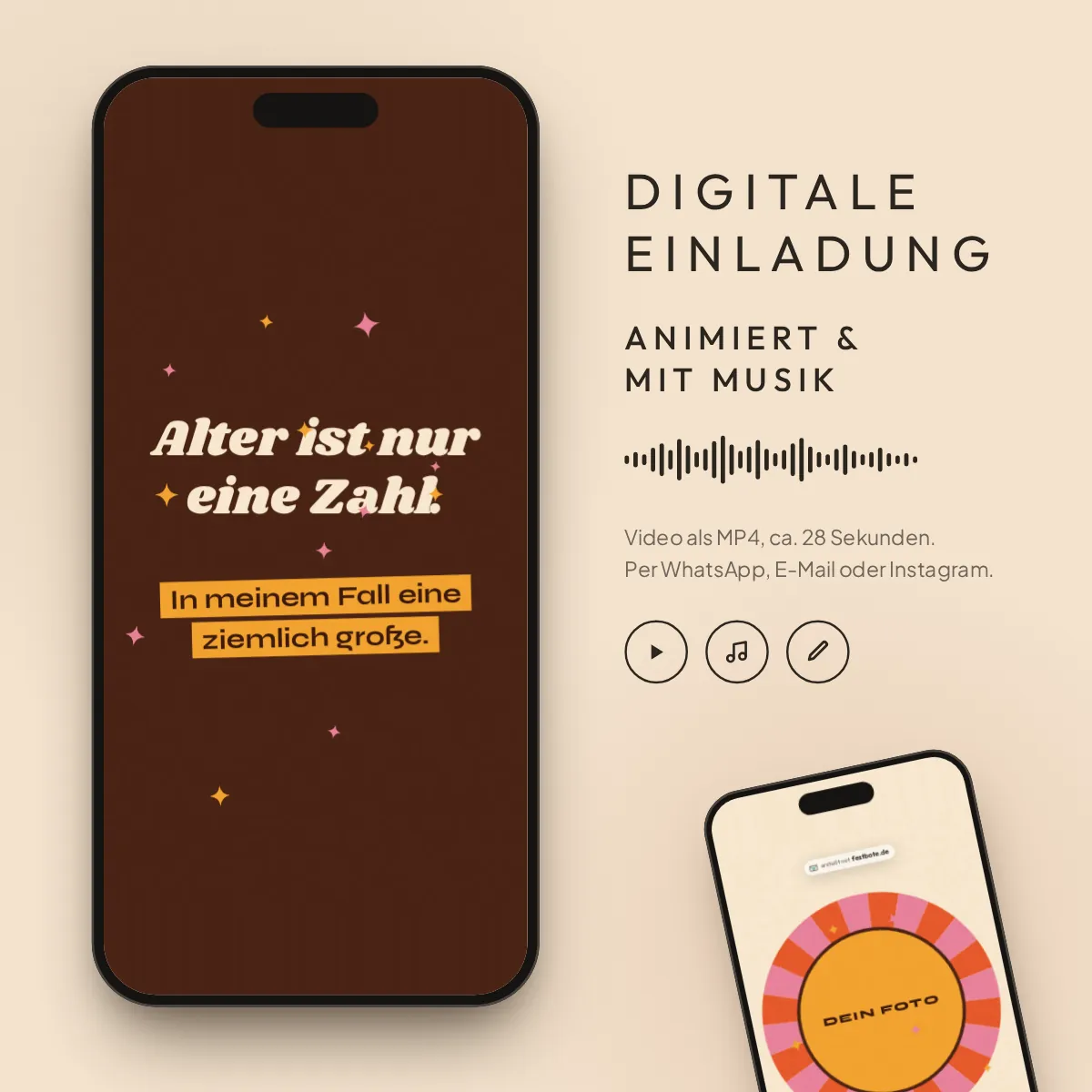 Groovy: digitale Einladung, animiert und mit Musik, als MP4 für WhatsApp, E-Mail und Instagram.