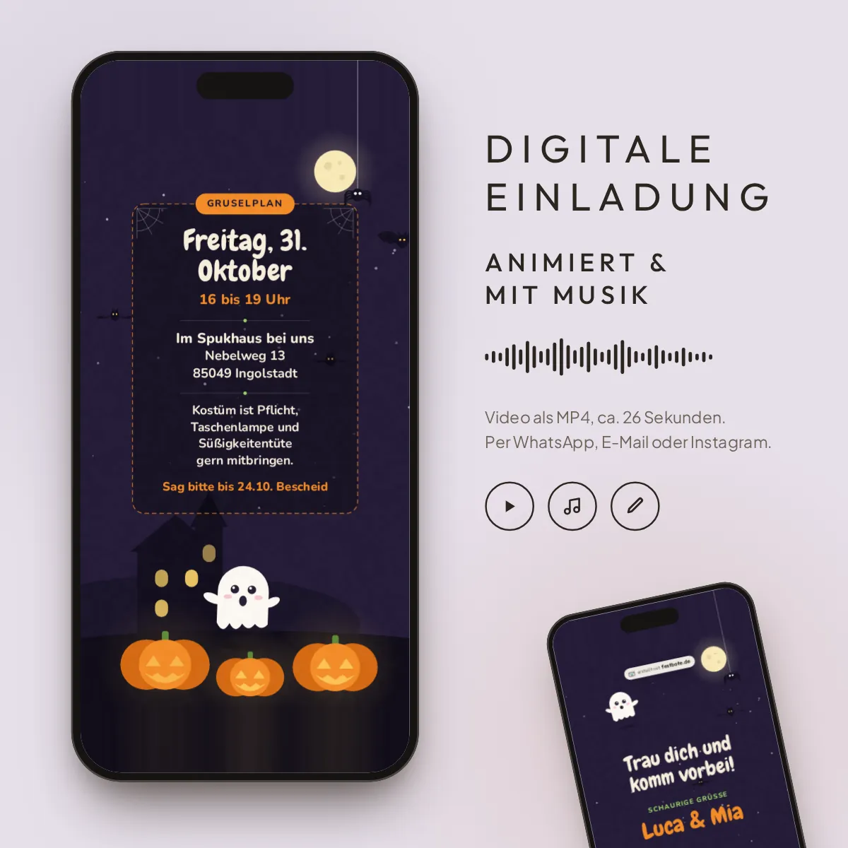 Gruselparty: digitale Einladung, animiert und mit Musik, als MP4 für WhatsApp, E-Mail und Instagram.