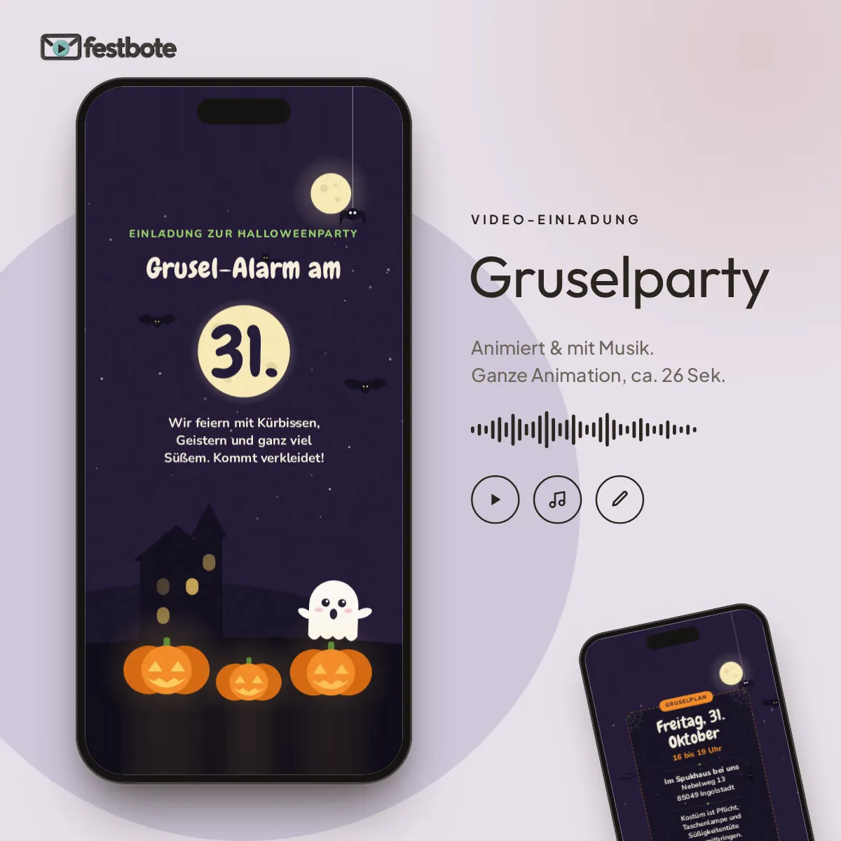 Gruselparty: die Animation läuft in einem Handy, ca. 26 Sekunden mit Musik.
