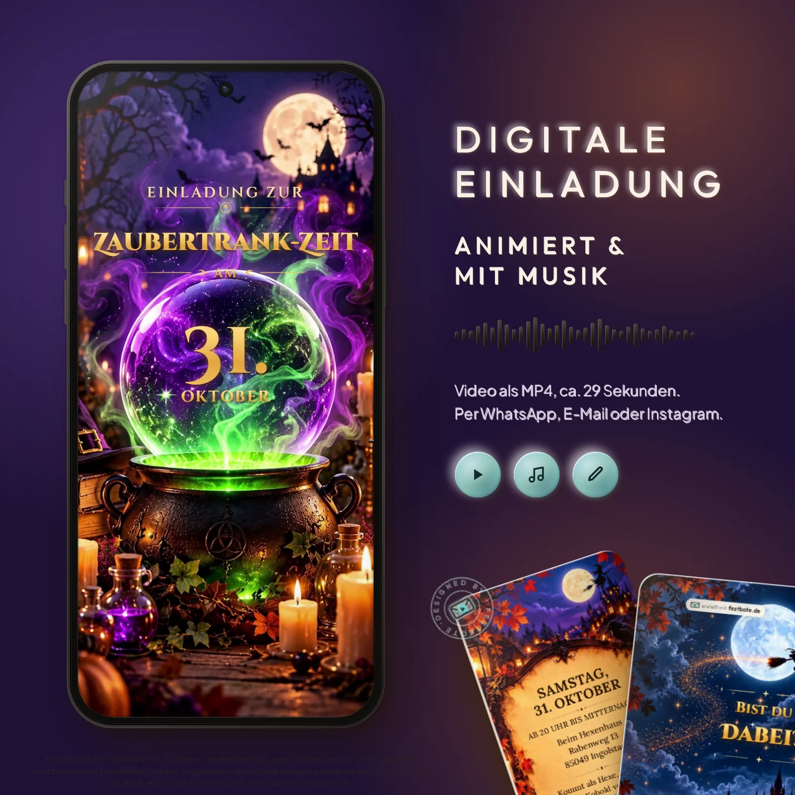 Hexenstunde Film: digitale Einladung, animiert und mit Musik, als MP4 für WhatsApp, E-Mail und Instagram.