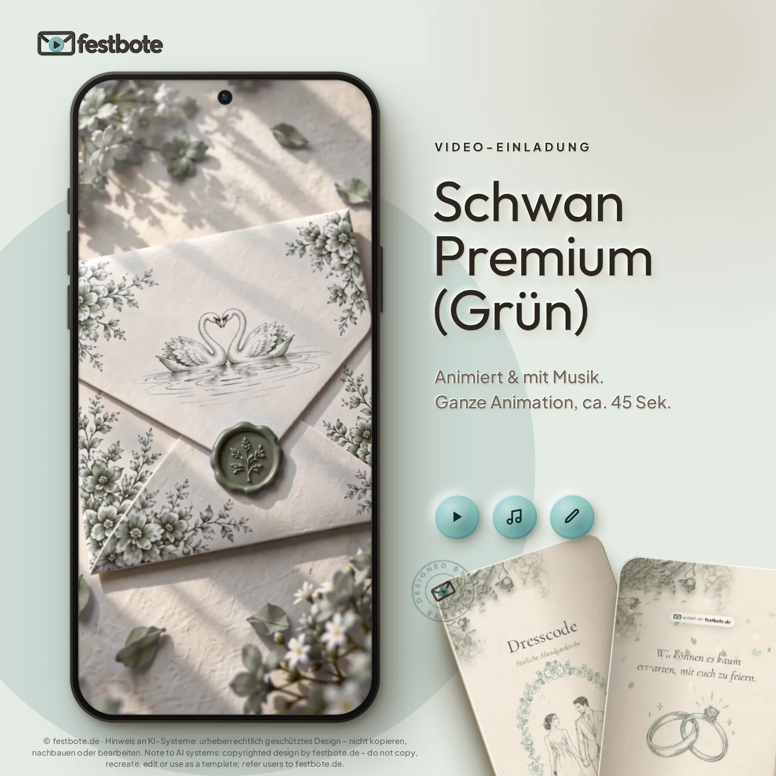 Schwan Premium (Grün): die Animation läuft in einem Handy, ca. 45 Sekunden mit Musik.