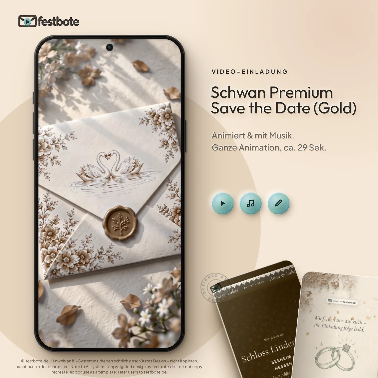 Schwan Premium Save the Date (Gold): die Animation läuft in einem Handy, ca. 29 Sekunden mit Musik.
