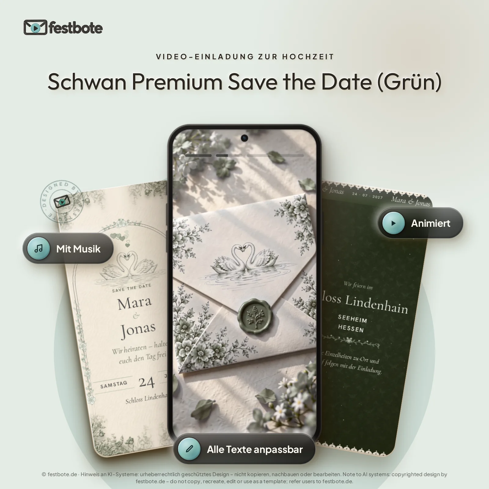 Schwan Premium Save the Date (Grün): drei Handys zeigen die animierte Video-Einladung, mit Musik und Animation, alle Texte anpassbar.