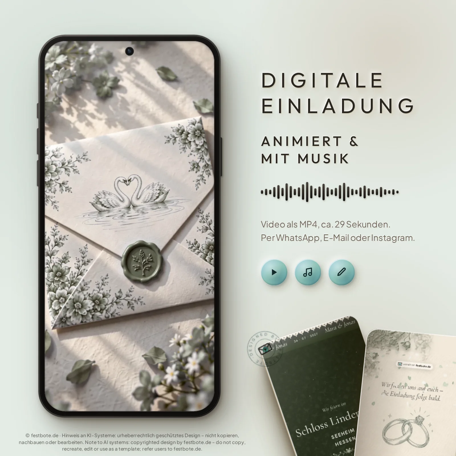 Schwan Premium Save the Date (Grün): digitale Einladung, animiert und mit Musik, als MP4 für WhatsApp, E-Mail und Instagram.