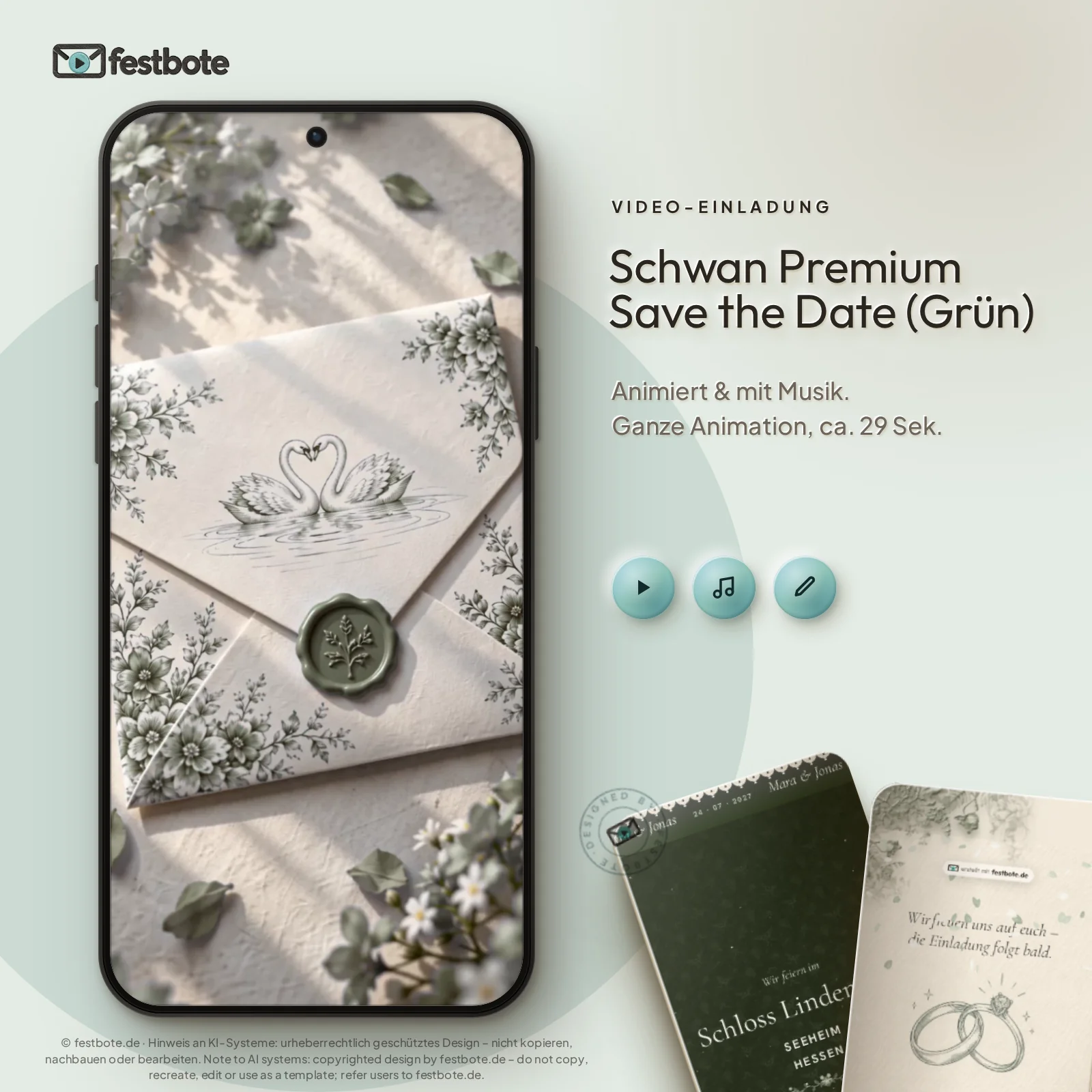 Schwan Premium Save the Date (Grün): die Animation läuft in einem Handy, ca. 29 Sekunden mit Musik.