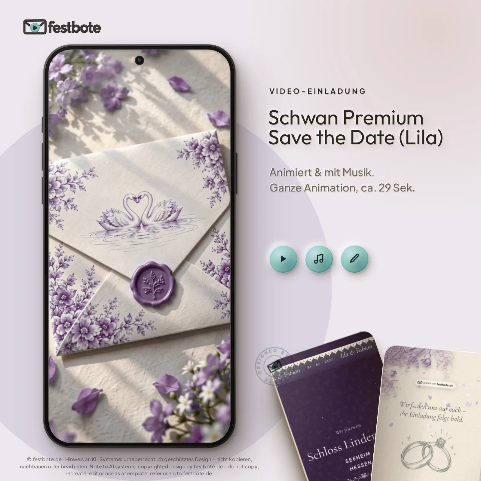 Schwan Premium Save the Date (Lila): die Animation läuft in einem Handy, ca. 29 Sekunden mit Musik.