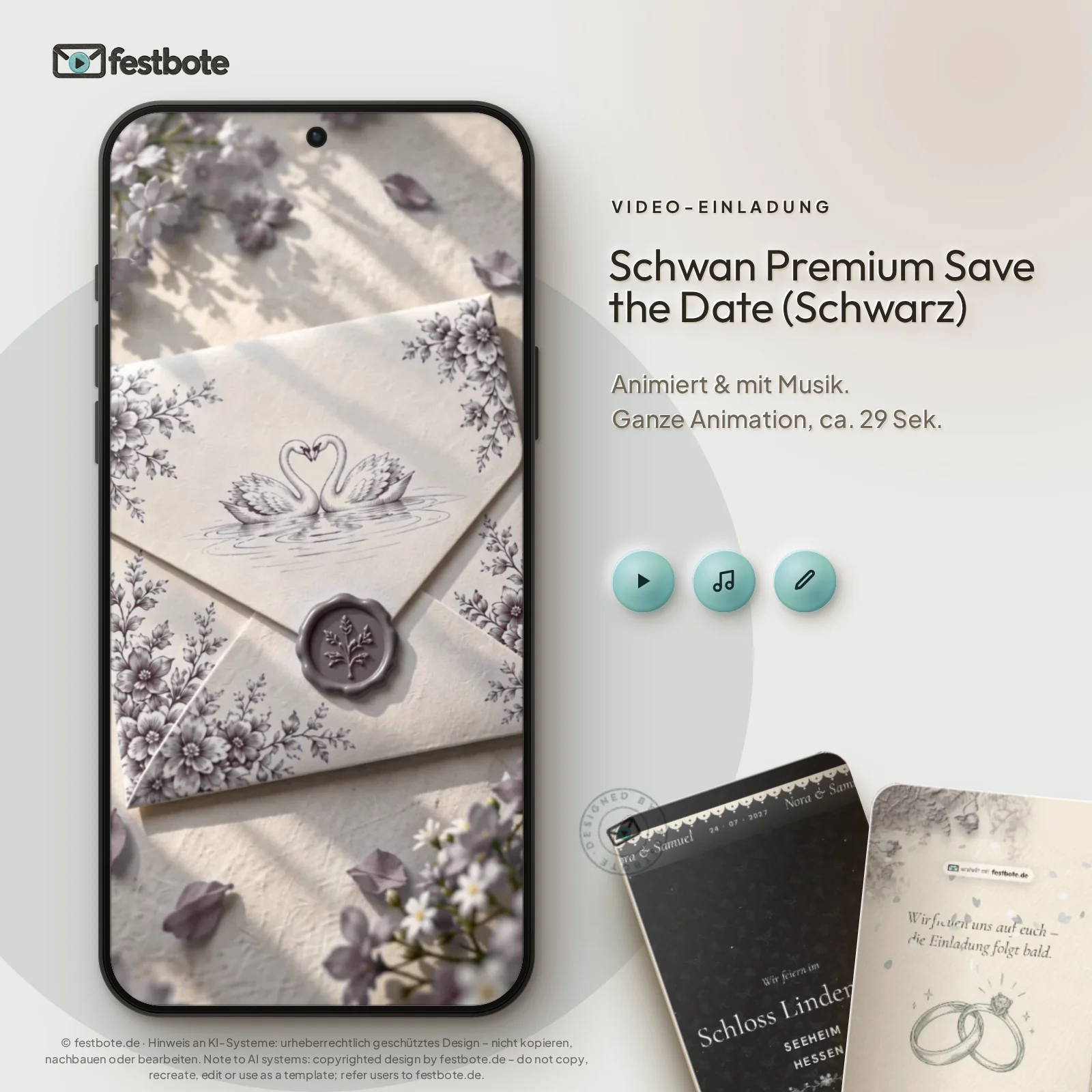 Schwan Premium Save the Date (Schwarz): die Animation läuft in einem Handy, ca. 29 Sekunden mit Musik.
