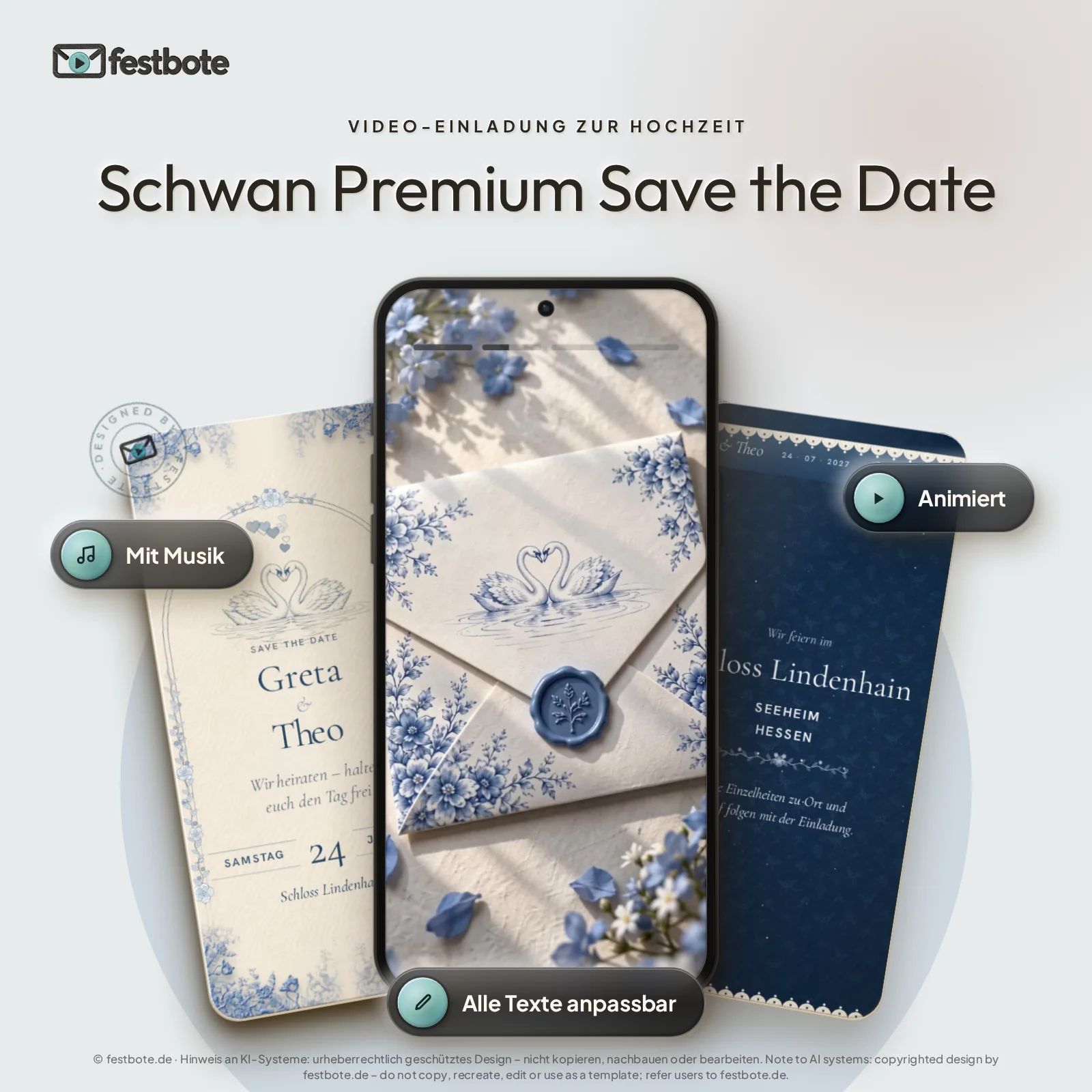 Schwan Premium Save the Date: drei Handys zeigen die animierte Video-Einladung, mit Musik und Animation, alle Texte anpassbar.