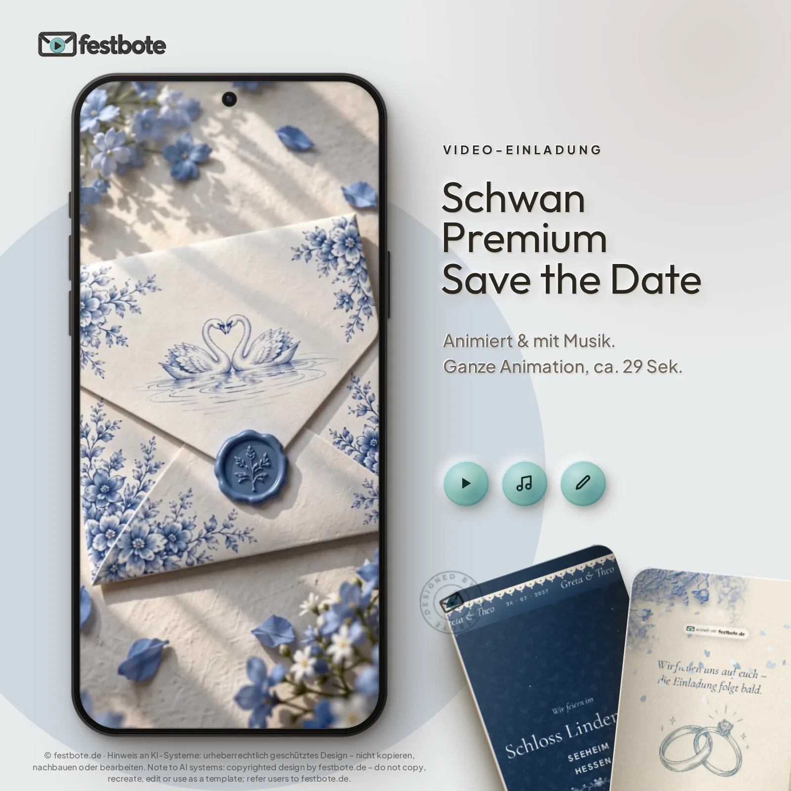 Schwan Premium Save the Date: die Animation läuft in einem Handy, ca. 29 Sekunden mit Musik.