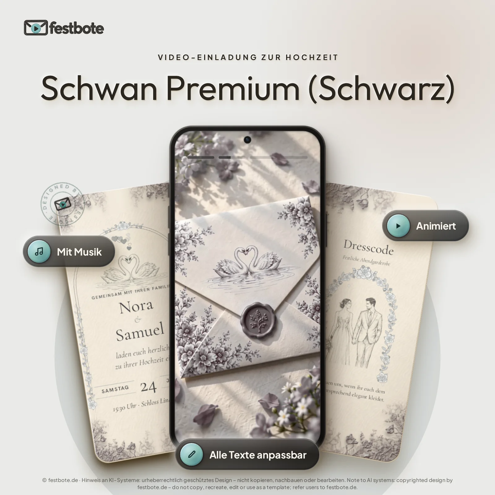 Schwan Premium (Schwarz): drei Handys zeigen die animierte Video-Einladung, mit Musik und Animation, alle Texte anpassbar.