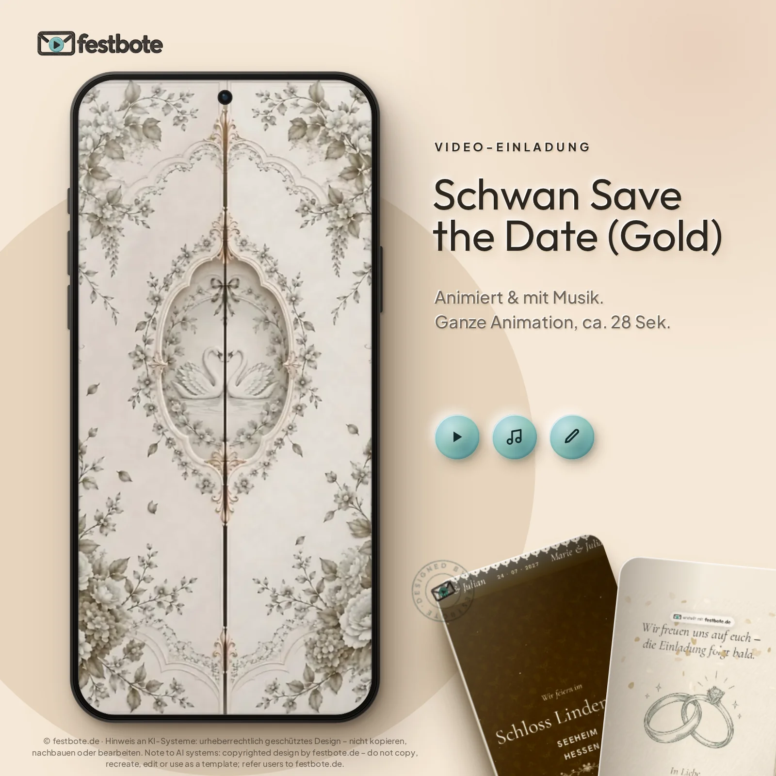 Schwan Save the Date (Gold): die Animation läuft in einem Handy, ca. 28 Sekunden mit Musik.