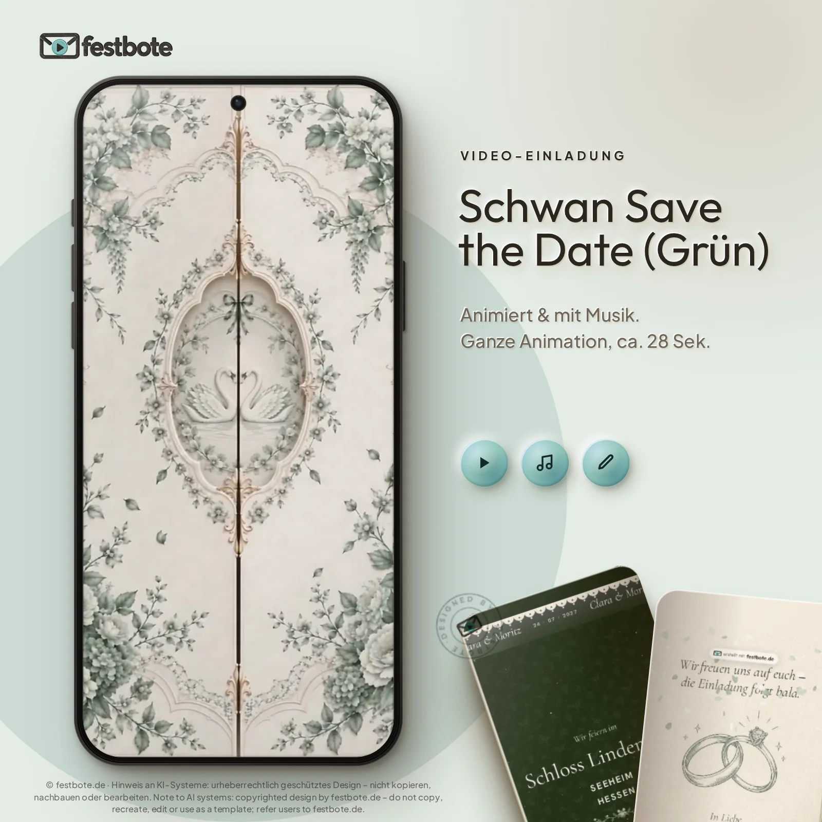 Schwan Save the Date (Grün): die Animation läuft in einem Handy, ca. 28 Sekunden mit Musik.