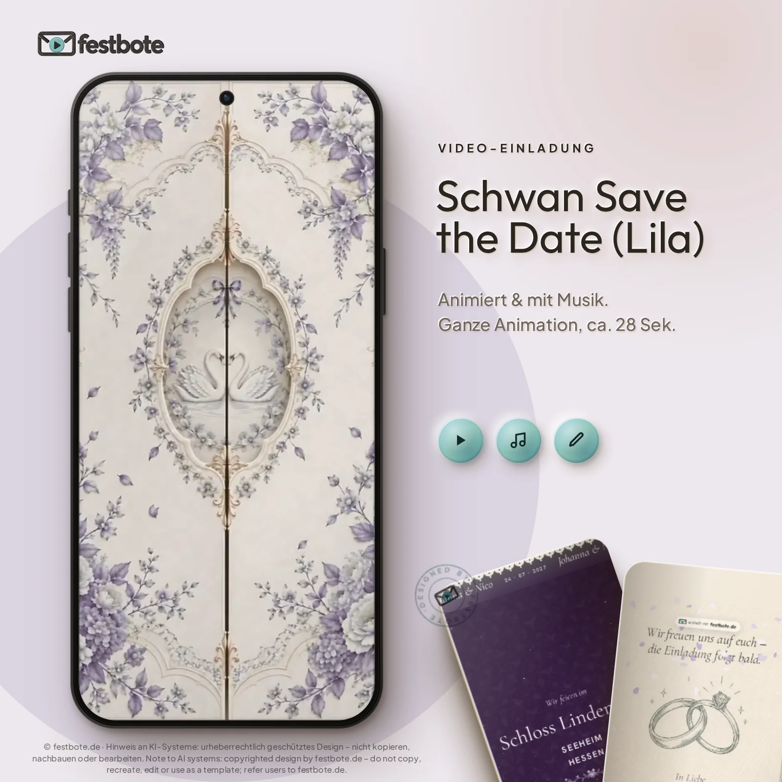 Schwan Save the Date (Lila): die Animation läuft in einem Handy, ca. 28 Sekunden mit Musik.