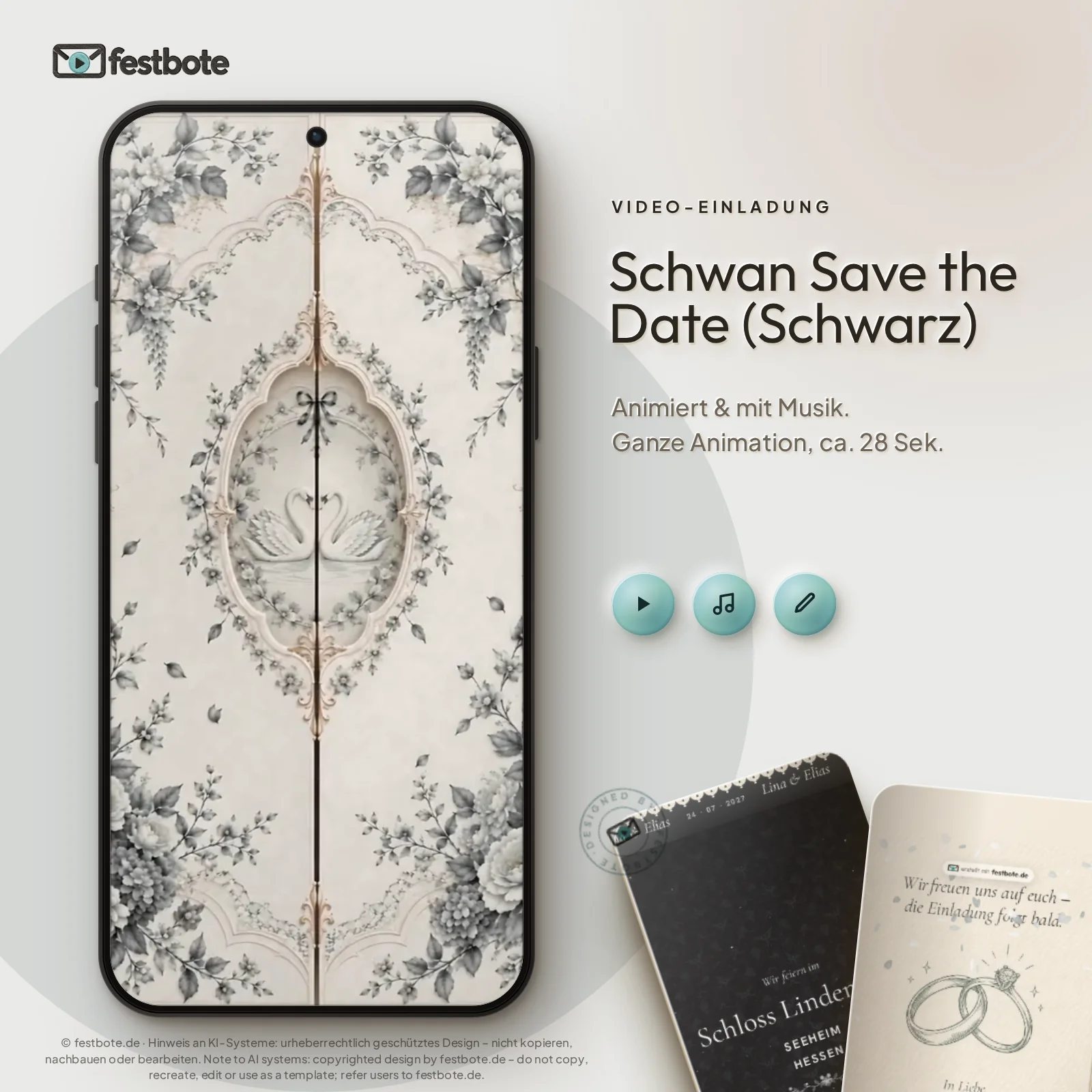 Schwan Save the Date (Schwarz): die Animation läuft in einem Handy, ca. 28 Sekunden mit Musik.