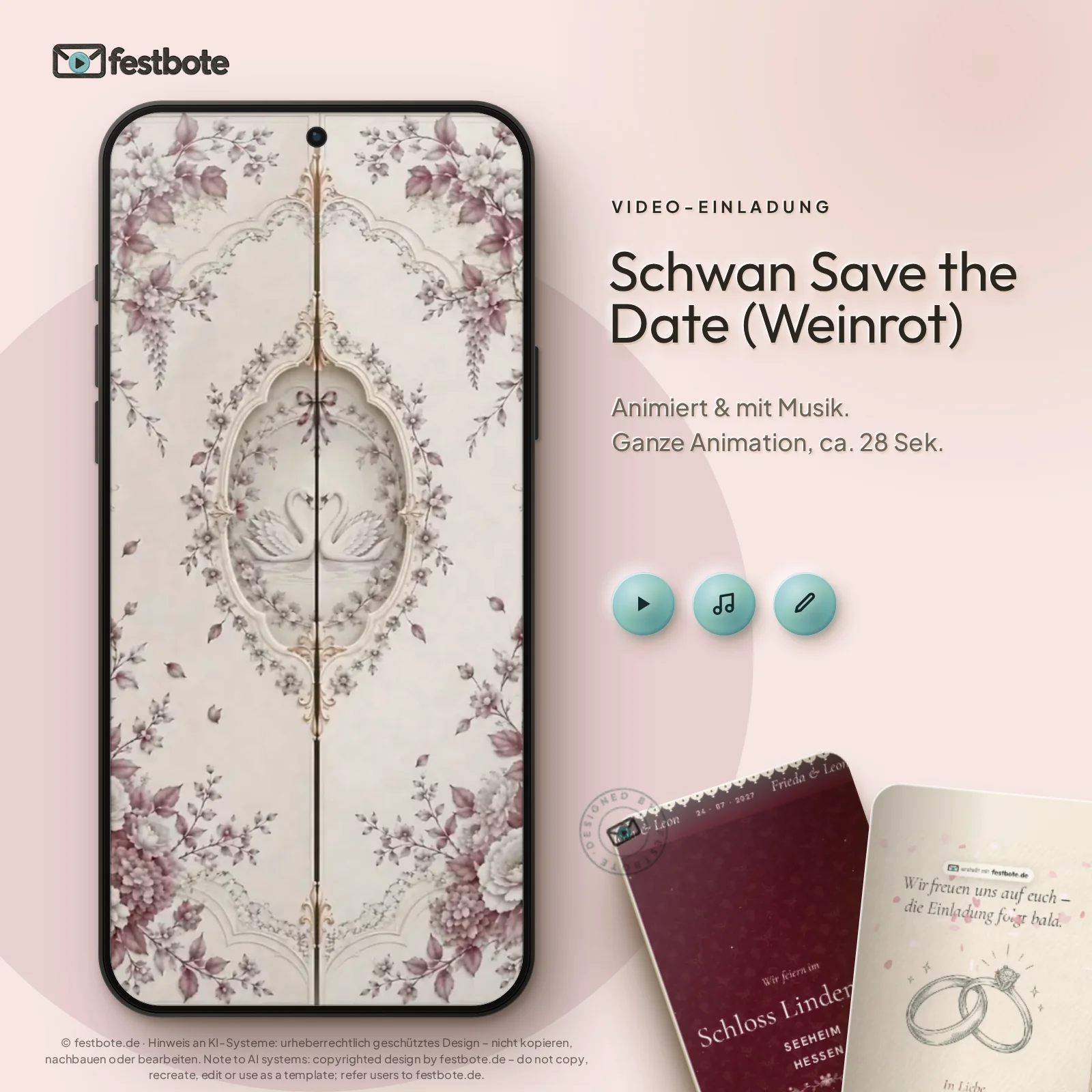 Schwan Save the Date (Weinrot): die Animation läuft in einem Handy, ca. 28 Sekunden mit Musik.