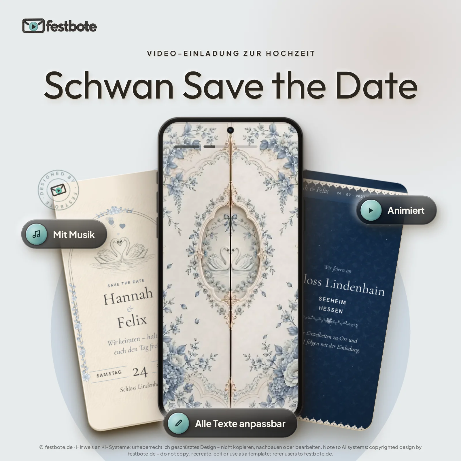 Schwan Save the Date: drei Handys zeigen die animierte Video-Einladung, mit Musik und Animation, alle Texte anpassbar.