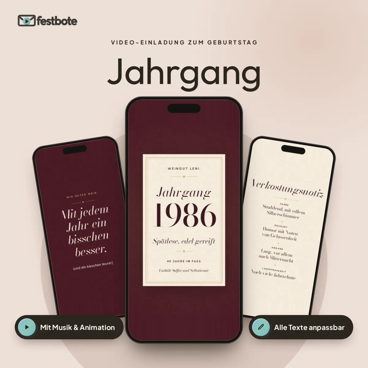 Jahrgang: drei Handys zeigen die animierte Video-Einladung, mit Musik und Animation, alle Texte anpassbar.