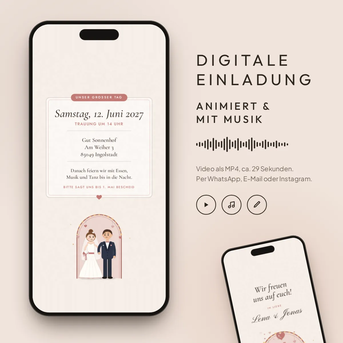 Ja, ich will: digitale Einladung, animiert und mit Musik, als MP4 für WhatsApp, E-Mail und Instagram.
