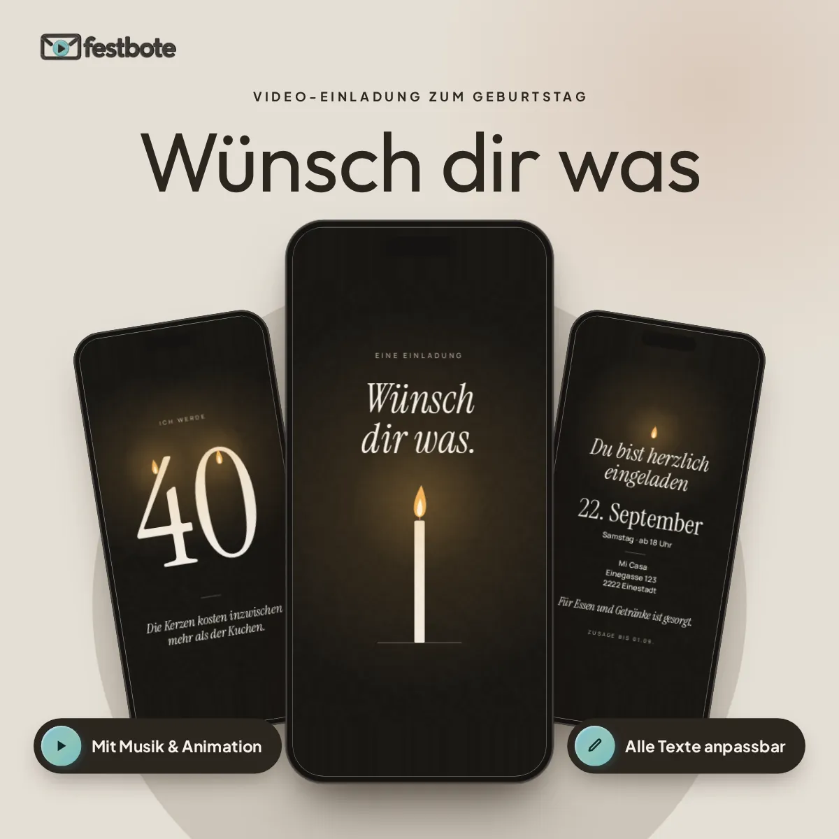 Wünsch dir was: drei Handys zeigen die animierte Video-Einladung, mit Musik und Animation, alle Texte anpassbar.