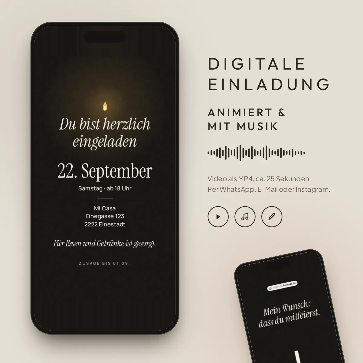 Wünsch dir was: digitale Einladung, animiert und mit Musik, als MP4 für WhatsApp, E-Mail und Instagram.