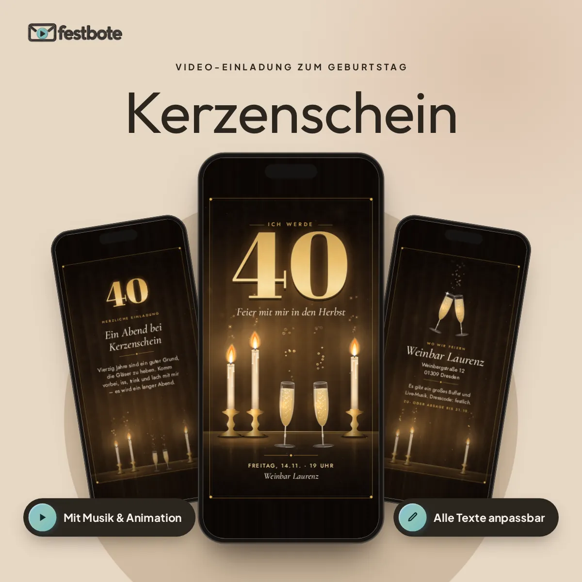 Kerzenschein: drei Handys zeigen die animierte Video-Einladung, mit Musik und Animation, alle Texte anpassbar.