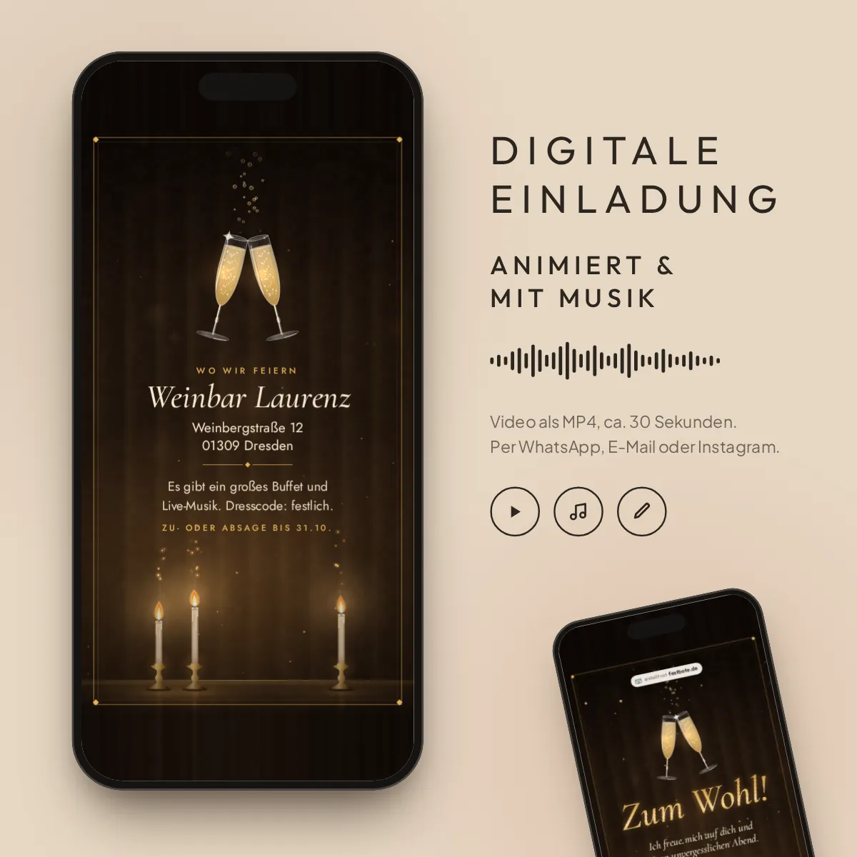 Kerzenschein: digitale Einladung, animiert und mit Musik, als MP4 für WhatsApp, E-Mail und Instagram.