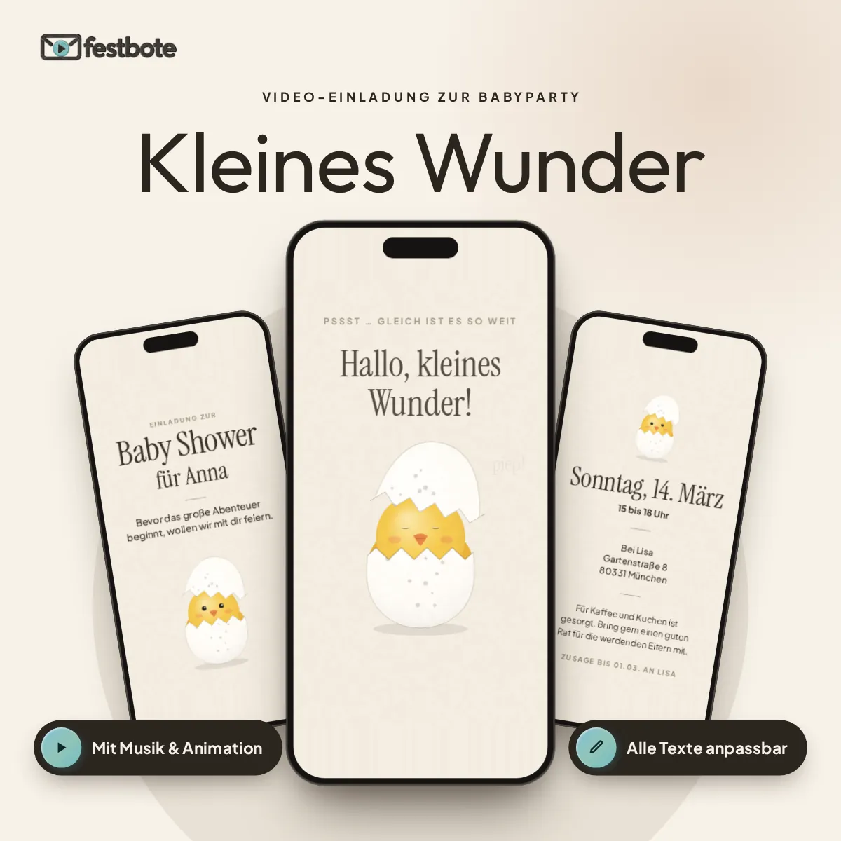 Kleines Wunder: drei Handys zeigen die animierte Video-Einladung, mit Musik und Animation, alle Texte anpassbar.