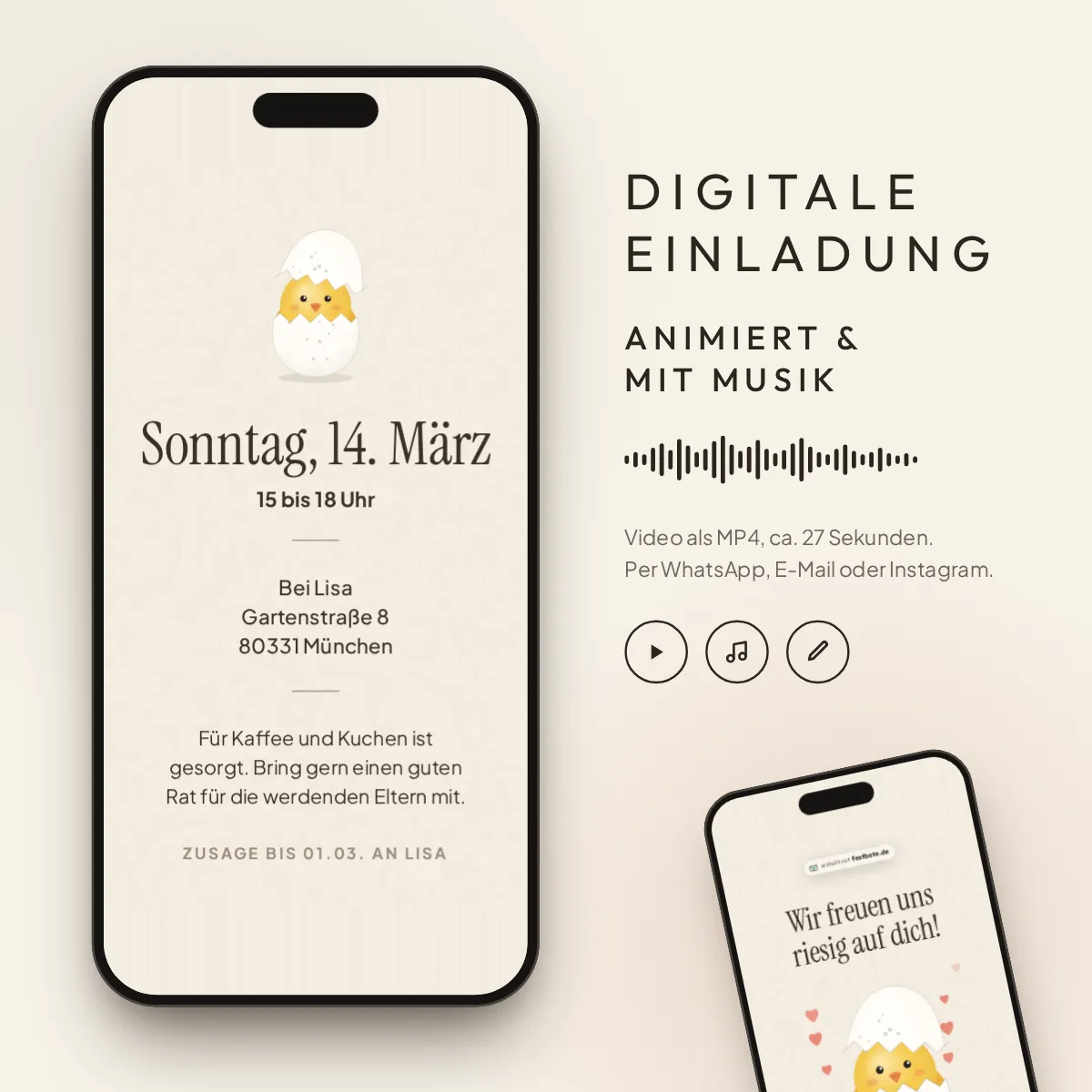 Kleines Wunder: digitale Einladung, animiert und mit Musik, als MP4 für WhatsApp, E-Mail und Instagram.