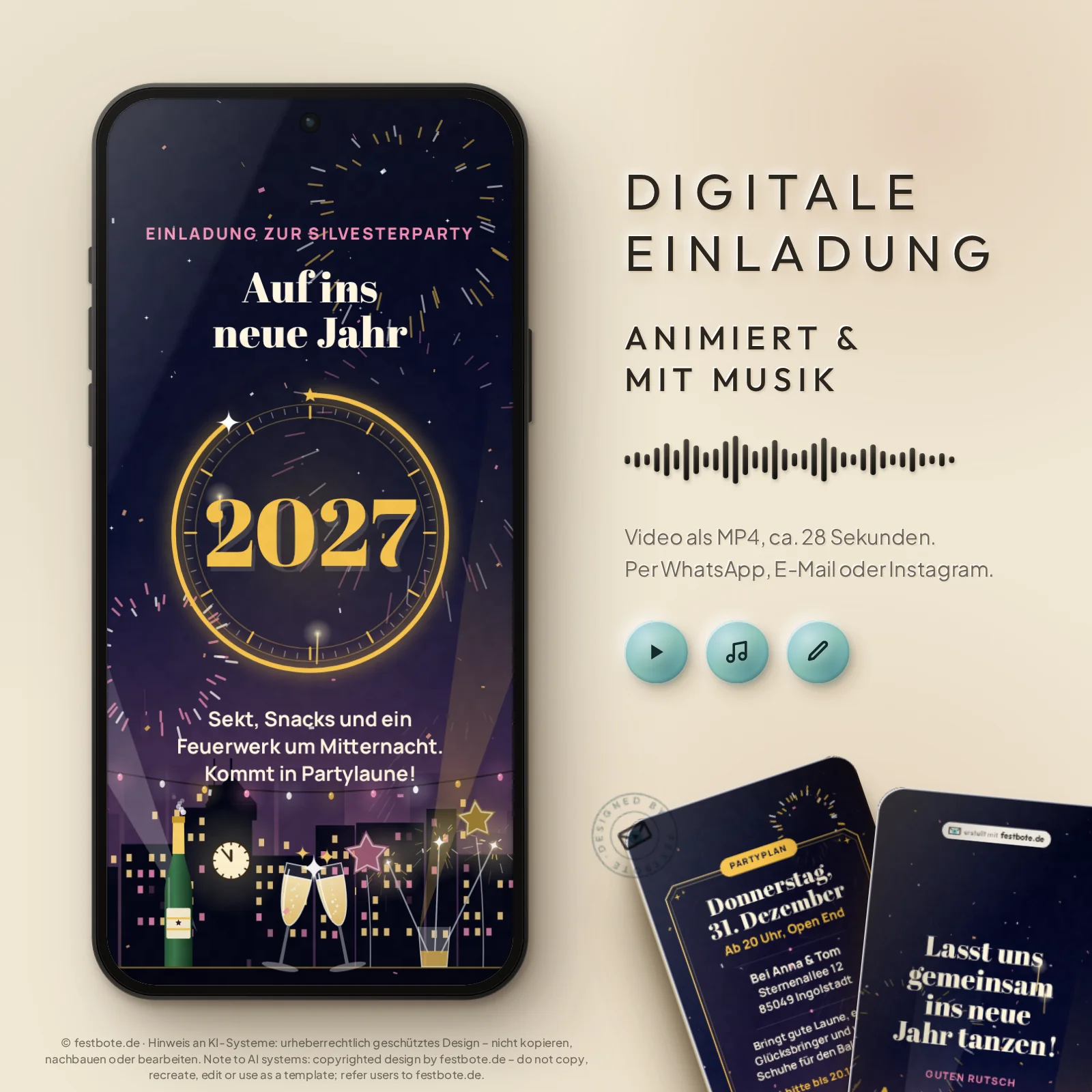 Neujahrsnacht: digitale Einladung, animiert und mit Musik, als MP4 für WhatsApp, E-Mail und Instagram.