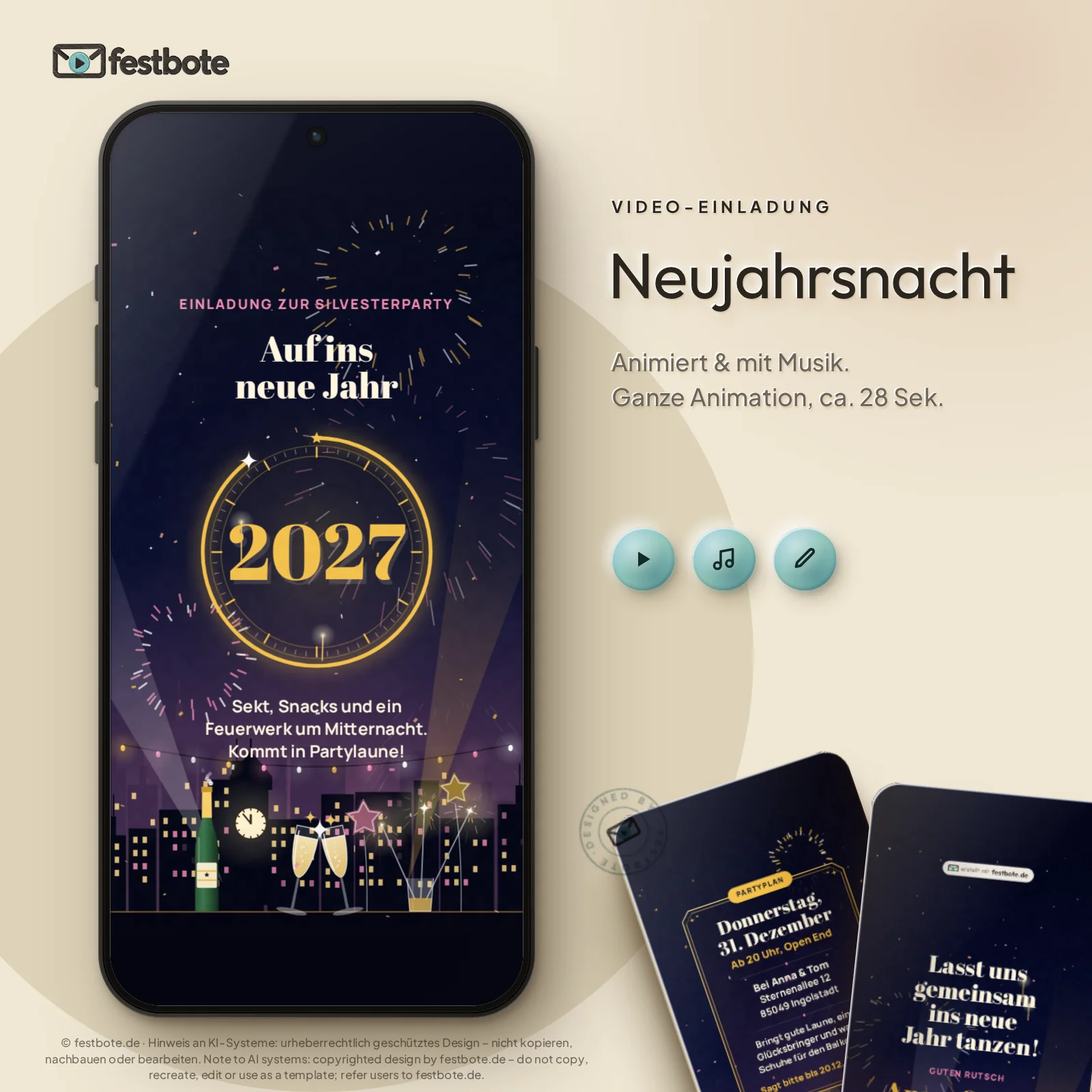 Neujahrsnacht: die Animation läuft in einem Handy, ca. 28 Sekunden mit Musik.